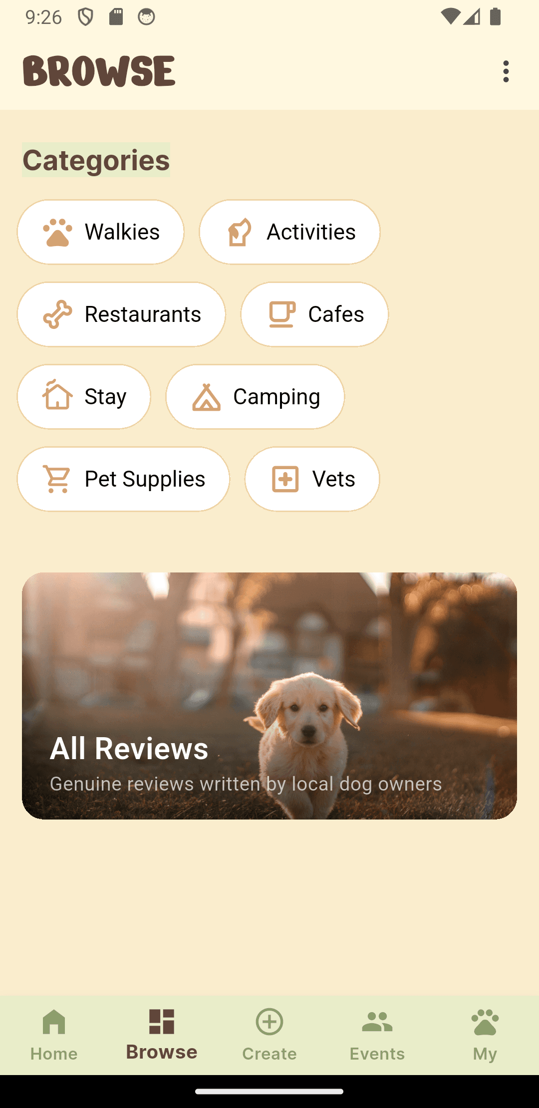 Browse places screen