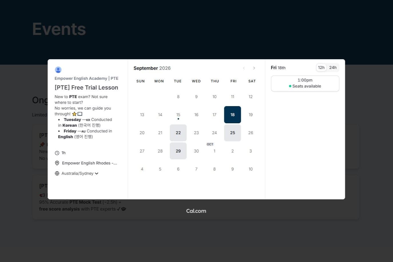 Event booking flow on the academy website