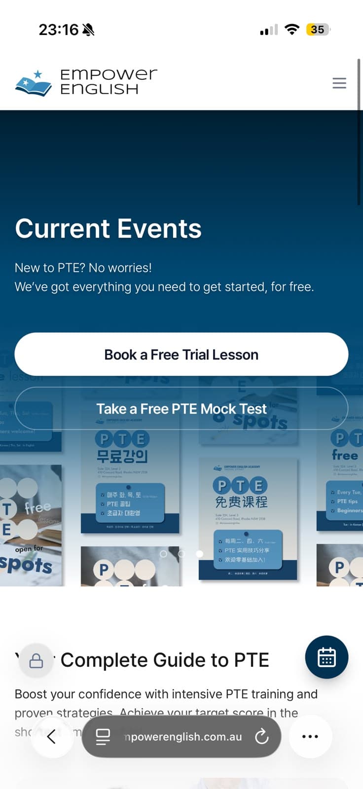 Empower English Academy public website on mobile