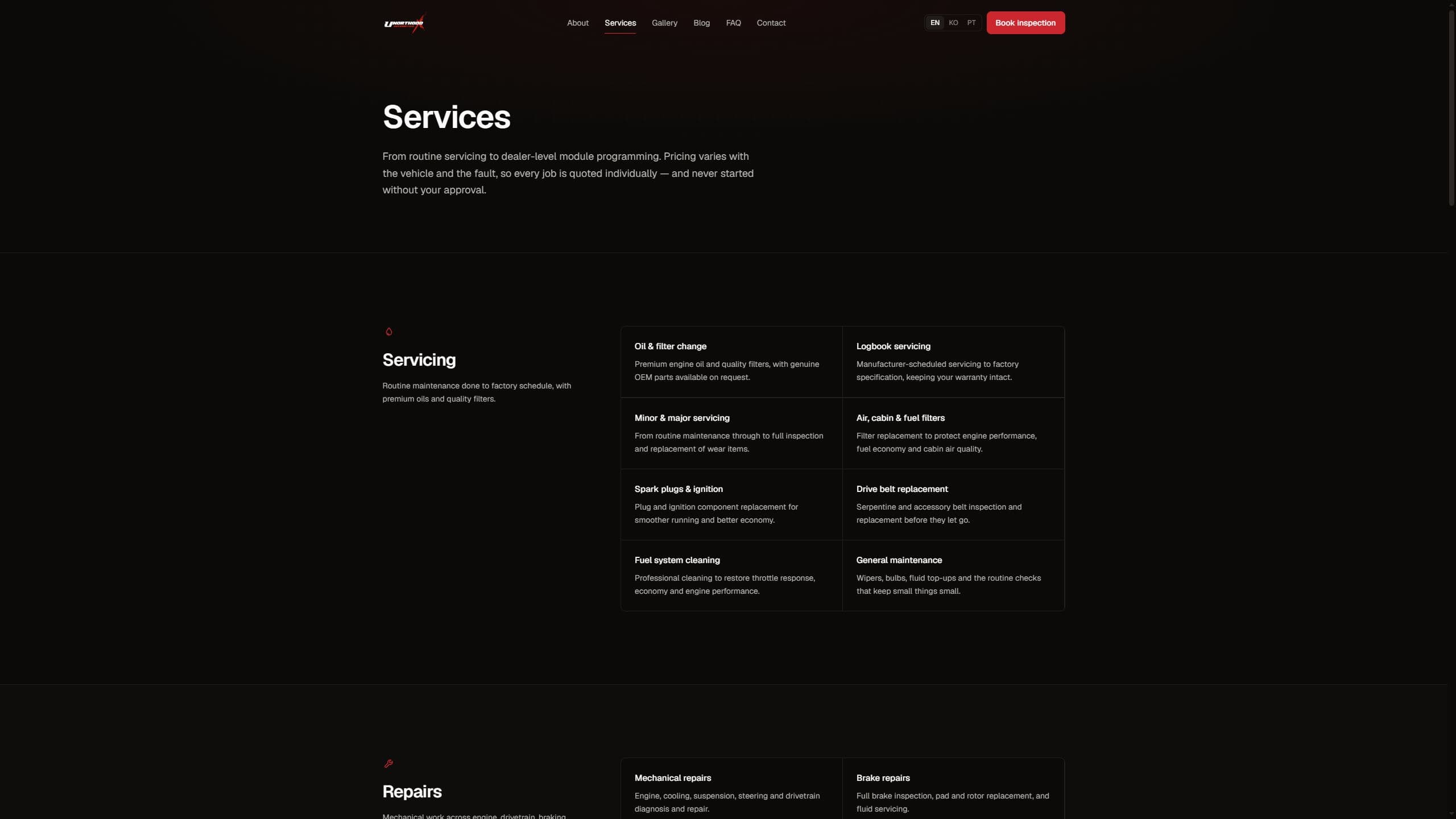 Unorthodox Automotive services page